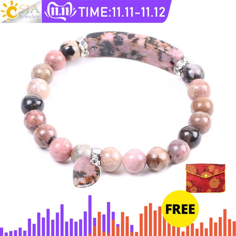 CSJA Natural Gem Stone Bangles Line Rhodonite Love Heart Fitting Healing Beads Bracelets Rectangle Stones for Women Jewelry F104