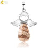 CSJA Natural Stones Angels Wings Pendant for Necklace Pink Quartz Onyx Pendants Silver-color Water Drop Female Jewelry Gift E949