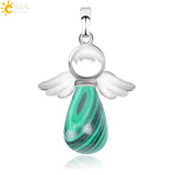 CSJA Natural Stones Angels Wings Pendant for Necklace Pink Quartz Onyx Pendants Silver-color Water Drop Female Jewelry Gift E949