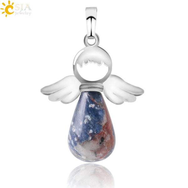 CSJA Natural Stones Angels Wings Pendant for Necklace Pink Quartz Onyx Pendants Silver-color Water Drop Female Jewelry Gift E949