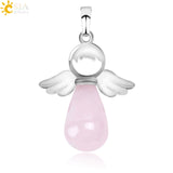 CSJA Natural Stones Angels Wings Pendant for Necklace Pink Quartz Onyx Pendants Silver-color Water Drop Female Jewelry Gift E949