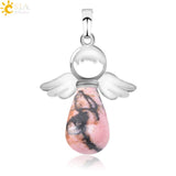 CSJA Natural Stones Angels Wings Pendant for Necklace Pink Quartz Onyx Pendants Silver-color Water Drop Female Jewelry Gift E949