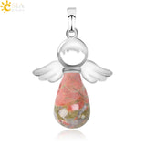 CSJA Natural Stones Angels Wings Pendant for Necklace Pink Quartz Onyx Pendants Silver-color Water Drop Female Jewelry Gift E949