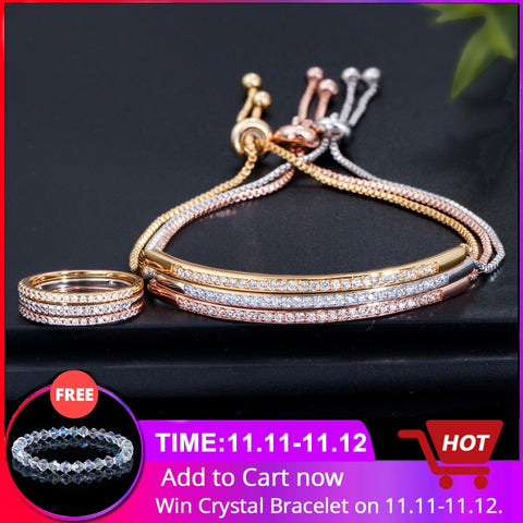 CWWZircons Simple Fashion Brand Ladies Jewelry Rose Gold Color Bar Cubic Zirconia Ring and Bracelet Sets for Women T332