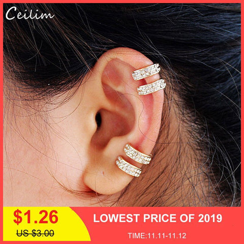 Crystal Earrings for Women Trendy Small Round Ear Cuff Gold and Silver Plated 2 Rows Rhinestone Clip Earrings Without Piercing
