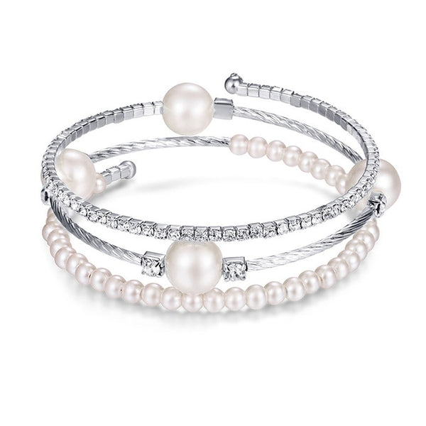 Crystal Pearl Bracelet Ladies Rhinestone Multi-layer Adjustable Bracelet Cuffs Wristband Gold Silver Bracelet Jewelry Gift