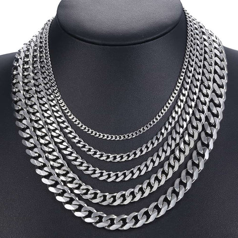 Curb Cuban Mens Necklace Chain Silver Gold Black Stainless Steel Necklaces for Men Davieslee Fashion Jewelry 3/5/7/9/11mm DKNM07