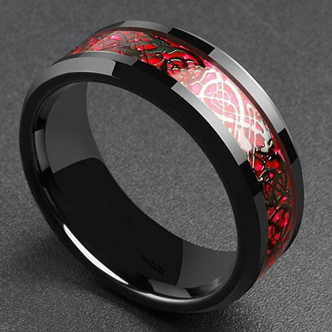 Domineering Man Ring Red Green Carbon Fiber Black Dragon Inlay Comfort Fit Stainless steel Rings for Men Wedding Band Ring