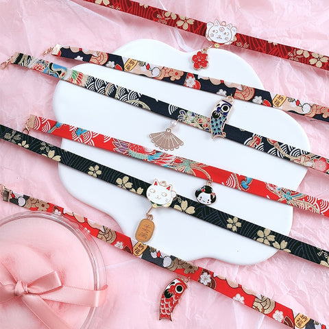 Doreen Box Classic Japanese Style Ribbon Rope Doll Choker Cute Romantic Women Girls Bird Cat Carp Pendant Short Necklace Jewelry