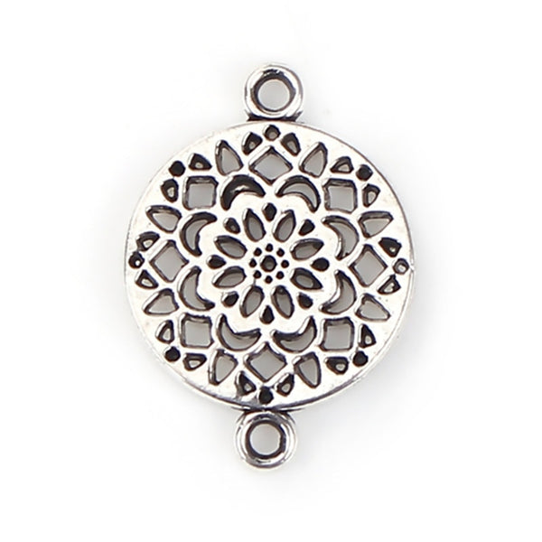 DoreenBeads Zinc Based Alloy Connectors Round Antique Silver Flower Charms DIY Components 20mm( 6/8") x 14mm( 4/8"), 20 PCs