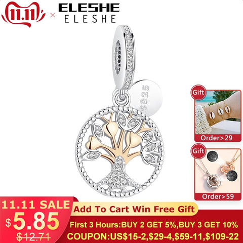 ELESHE Authentic 925 Sterling Silver Family Tree Of Life Charm Gold Bead Fit Original Pandora Charm Bracelet Pendant DIY Jewelry