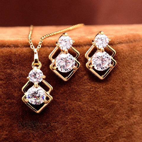 Elegant Wedding Crystal African Jewelry Sets for Women Gold Color Double Layer Square Pendant Necklace Earrings Party Jewellery