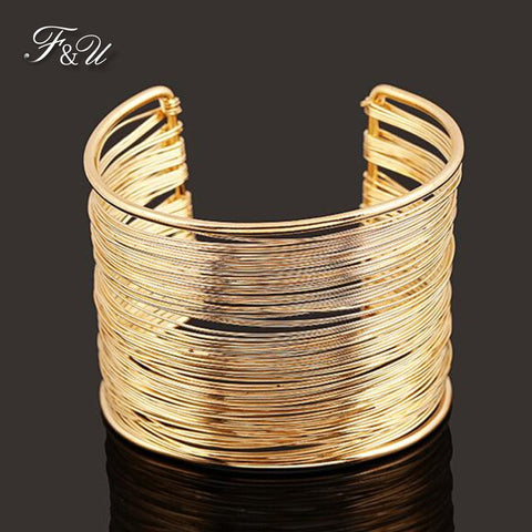 F&U New Arrival Fashion Curve Gold Color Wide Opened Cuff Bracelets & Bangles Ladies Jewelry