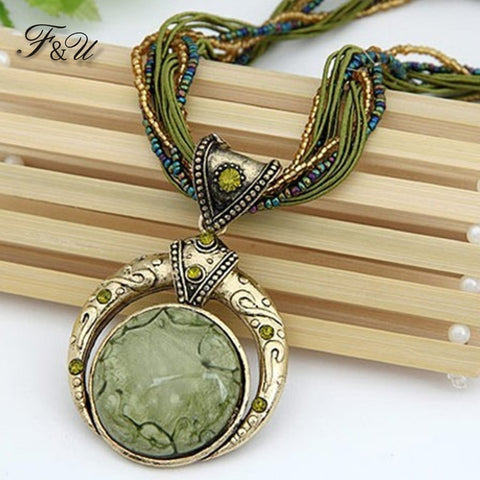 F&U Retro Bohemia Necklace Crack Round Pendant Multilayer Colorful Beads Chain Vintage Necklace Jewelry Fashion For Women