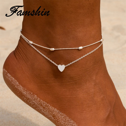 FAMSHIN Women Anklets Heart Barefoot Crochet Sandals Foot Jewelry Two Layer Foot Legs Bracelet Anklets