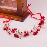FORSEVEN Gold Leaf Daisy Flower Headband Bridal Tiaras Hair Jewelry Ribbon Wreath Pearl Headpiece Wedding Bride Hair Accessories