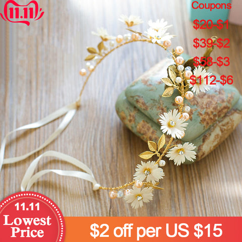FORSEVEN Gold Leaf Daisy Flower Headband Bridal Tiaras Hair Jewelry Ribbon Wreath Pearl Headpiece Wedding Bride Hair Accessories