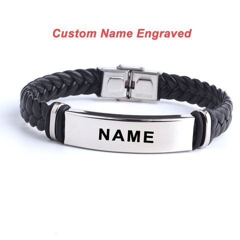 Fashion Custom logo Name Engrave Leather Bangle & Bracelet 316L Stainless Steel Bracelets For Women Men ID Bracelet Jewelry