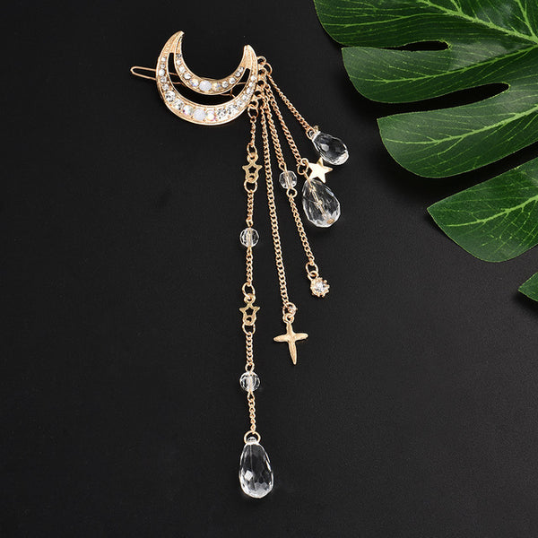 Fashion Elegant Women Lady Moon Rhinestone Crystal Tassel Long Chain Beads Dangle Hairpin Hair Clip Hair Jewelry