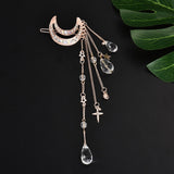 Fashion Elegant Women Lady Moon Rhinestone Crystal Tassel Long Chain Beads Dangle Hairpin Hair Clip Hair Jewelry