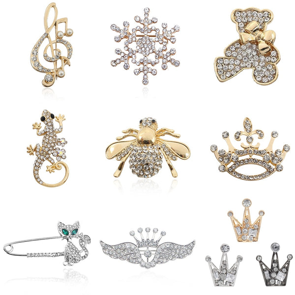 Fashion Full Rhinestone Bee Tortoise Lizard Bear Crown Music Note Guitar Brooches Pins Jewelry For Women Christmas Gifts Broches