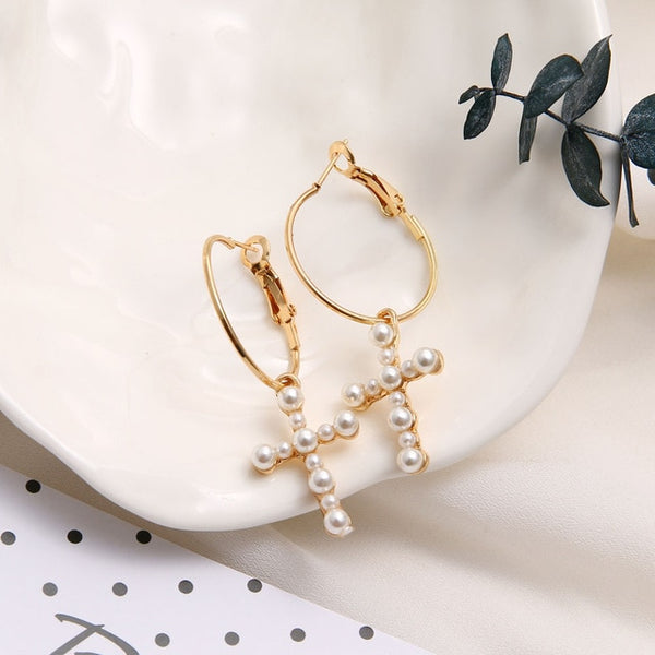 Fashion Punk Women Girl Wedding Jewelry Gold-color Big Flower Loop Hoop Earring Imitation Pearl Beads Wedding Hoop Earrings