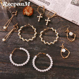 Fashion Punk Women Girl Wedding Jewelry Gold-color Big Flower Loop Hoop Earring Imitation Pearl Beads Wedding Hoop Earrings