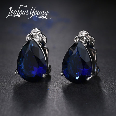 Fashion Water Drop Cubic Zirconia Clip Earrings With Elegant Blue Stone Earrings for Punk Girl Party Gift Pendientes Mujer Moda