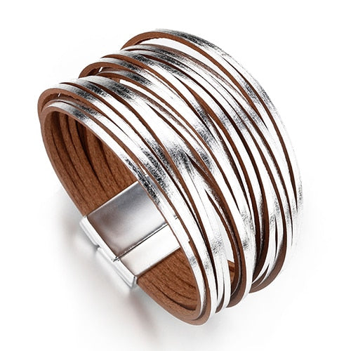 Flashbuy Alloy Gold Silver Leather Wrap Bracelets 20 Strip Multi-Row Bangles For Women  Multilayer Wide Female Jewelry