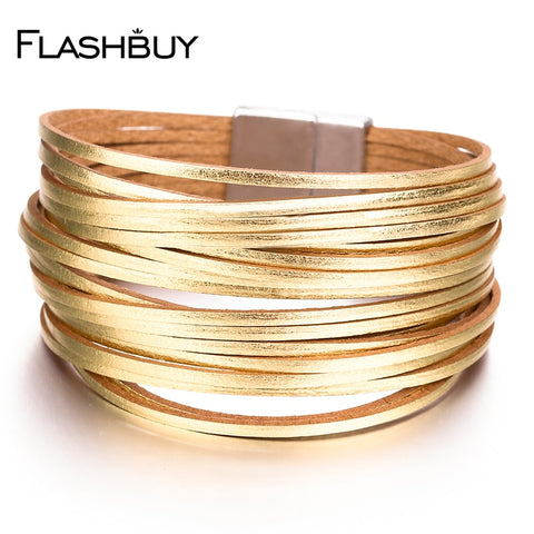 Flashbuy Alloy Gold Silver Leather Wrap Bracelets 20 Strip Multi-Row Bangles For Women  Multilayer Wide Female Jewelry