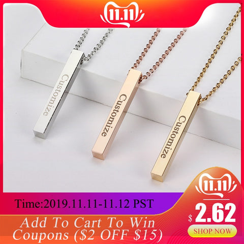 Four Sides Engraving Personalized Square Bar Custom Name Necklace Stainless Steel Pendant Necklace Women/Men Gift MNE180014