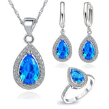Free Ship Purple Jewelry Sets Water Drop Cubic Zirconia CZ Stone 925 Sterling Silver Earrings Necklaces Finger Rings