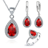 Free Ship Purple Jewelry Sets Water Drop Cubic Zirconia CZ Stone 925 Sterling Silver Earrings Necklaces Finger Rings