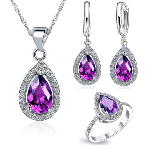 Free Ship Purple Jewelry Sets Water Drop Cubic Zirconia CZ Stone 925 Sterling Silver Earrings Necklaces Finger Rings