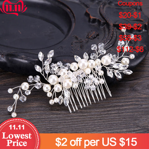 GETNOIVAS Handmade Silver Pearl Flower Hair Comb Bride Tiara Crown Headpiece Wedding Bridal Noiva Women Hair Jewelry Accessories