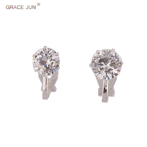 GRACE JUN Hot Sale Cubic Zircon Small Round Geometric Clip on Earrings for Girl Kid Party Charm Without Pierced Earring Ear Clip
