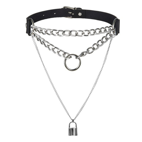 Gothic Lock Chain necklace multilayer Punk choker collar goth pendant necklace women black leather emo Kawaii witch rave jewelry