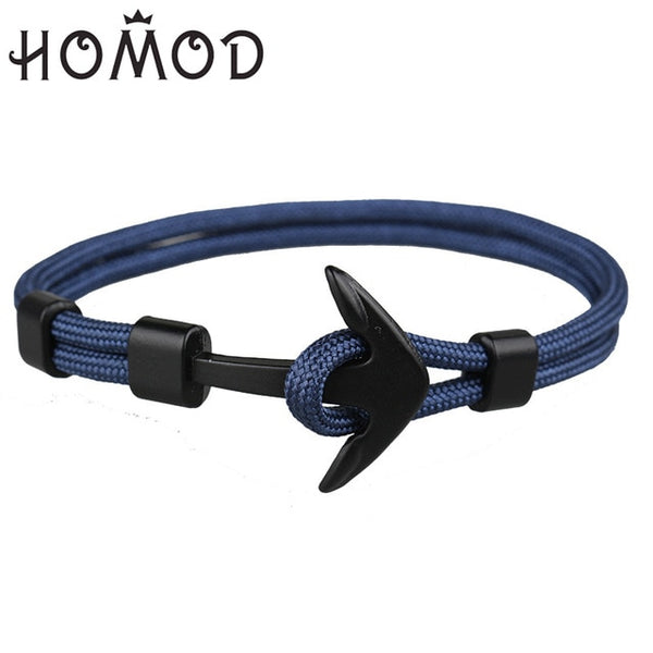 HOMOD 2019 New Fashion Black Color Anchor Bracelets Men Charm Survival Rope Chain Paracord Bracelet Male Wrap Metal Sport Hooks