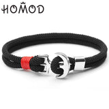 HOMOD 2019 New Fashion Black Color Anchor Bracelets Men Charm Survival Rope Chain Paracord Bracelet Male Wrap Metal Sport Hooks