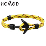 HOMOD 2019 New Fashion Black Color Anchor Bracelets Men Charm Survival Rope Chain Paracord Bracelet Male Wrap Metal Sport Hooks