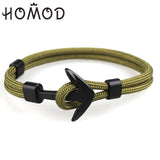 HOMOD 2019 New Fashion Black Color Anchor Bracelets Men Charm Survival Rope Chain Paracord Bracelet Male Wrap Metal Sport Hooks