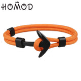 HOMOD 2019 New Fashion Black Color Anchor Bracelets Men Charm Survival Rope Chain Paracord Bracelet Male Wrap Metal Sport Hooks