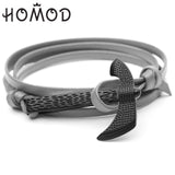 HOMOD High Quality Men's Bracelet Personality Smooth Leather Black Anchor Sport Hook Rope Stainless Steel Bracelet Bangle