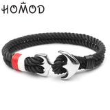 HOMOD High Quality Men's Bracelet Personality Smooth Leather Black Anchor Sport Hook Rope Stainless Steel Bracelet Bangle