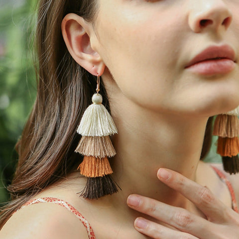Hot Bohemian Fringe Long Gradient Multilayer Drop Earrings Women Fashion Jewelry Dangle Silk Fabric Ethnic tassel earrings