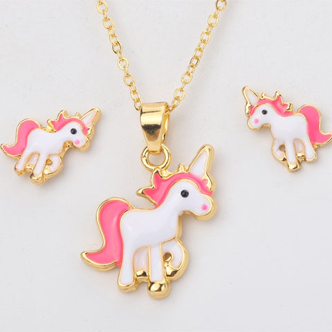 Hot Sale Pink Unicorn Necklace Earring Animal Jewelry Sets Cartoon Horse Jewellery Set For Girls