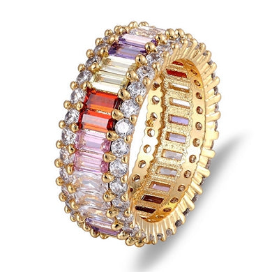 Hot Sale Thin Baguette Rainbow CZ Gold Ring For Women Fashion Engagement Wedding Band Top Quality Charm Jewelry