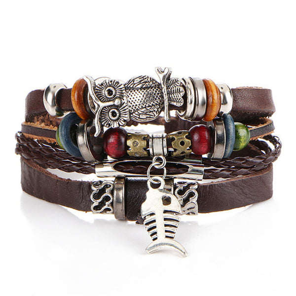 IF ME BOHO Tibet Stone Feather Multilayer Leather Bracelet Eye Fish Charms Beads Bracelets for Men Vintage Punk Wrap Wristband