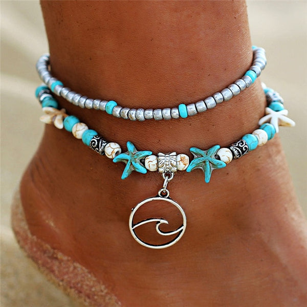 IF ME Bohemian Multiple Layers Starfish Turtle Beads Anklets For Women Vintage Boho Shell Chain Anklet Bracelet Beach Jewelry