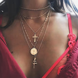 IF ME Vintage Multilayer Crystal Pendant Necklace Women Gold Color Beads Moon Star Horn Crescent Choker Necklaces Jewelry New